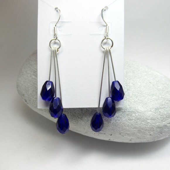 Colbalt blue triple dangle Czech bead earrings - Picture 8 of 9